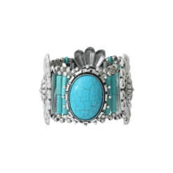 Reminiscence - Métal argenté, turquoise & perles fantaisie - Bracelet Bangle
